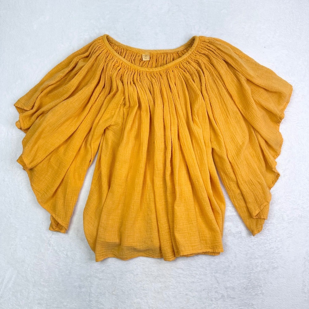Vintage Amerikan Climax Gauze Peasant Blouse Top‎ Flowy Yellow Cotton 70s Boho M